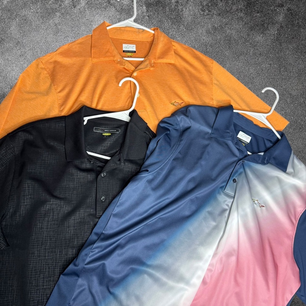 Greg Norman Men's XL Golf Polo Lot of 3 Play Dry Performance Shark Shirts Preppy